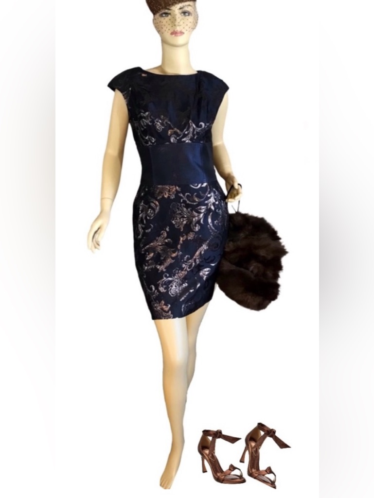 Devi Kroell Dark Blue With Metallic Brown Brocade Thick Waist Cocktail Dress (S)